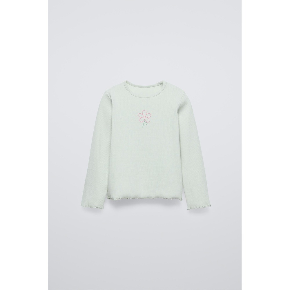 Zara Kids Ribbed Long Sleeve Top Mint Green Flower Lettuce Edge Size 6 116